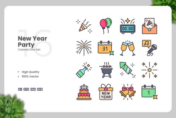 New Year Party Colored Icons: Essential Graphics for Local Branding