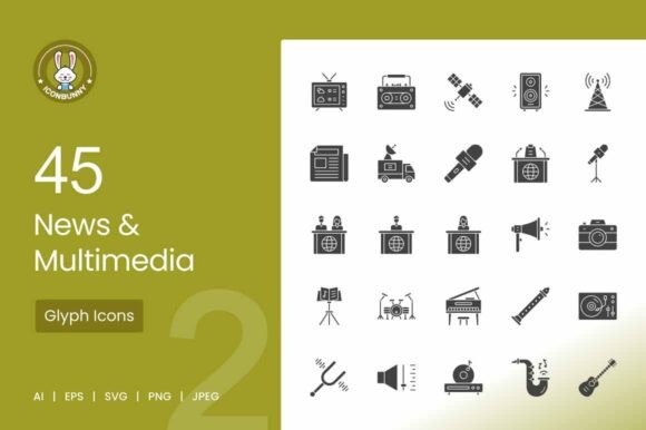 News Multimedia Glyph Icons: Modern Graphics for Content Publishing