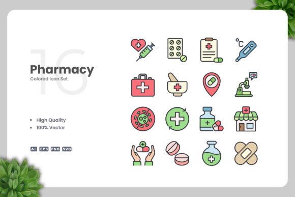 Pharmacy Colored Icons: Essential Graphics for Branding